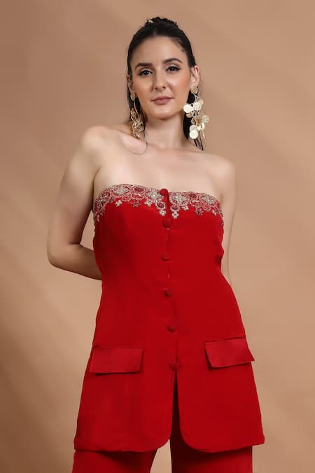 Shreya J Label_Red Crepe Embroidery, Stones Bandeau Neck Strapless Kurta And Pant Set _Online_at_Aza_Fashions
