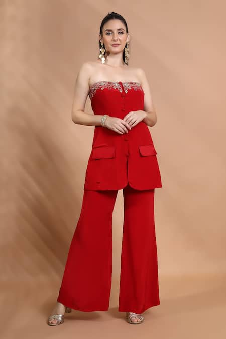 Shreya J Label Embroidered Strapless Kurta & Pant Set 