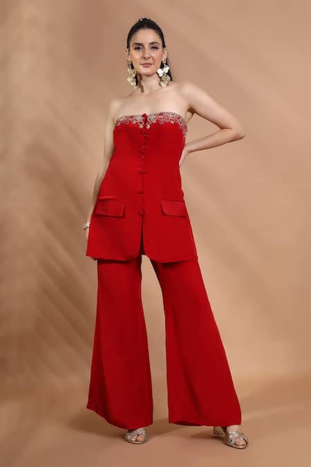 Shop_Shreya J Label_Red Crepe Embroidery, Stones Bandeau Neck Strapless Kurta And Pant Set _Online_at_Aza_Fashions