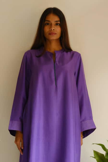 Buy Juanita By Shubhda Purple Chanderi Zari, Embroidery Round Neck Handwoven Detail Kurta And Pant Set Online at Aza Fashions Buy_Juanita By Shubhda_Purple Chanderi Zari, Embroidery Round Neck Handwoven Detail Kurta And Pant Set _Online_at_Aza_Fashions