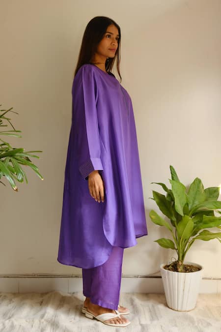 Buy Juanita By Shubhda Purple Chanderi Zari, Embroidery Round Neck Handwoven Detail Kurta And Pant Set Buy_Juanita By Shubhda_Purple Chanderi Zari, Embroidery Round Neck Handwoven Detail Kurta And Pant Set