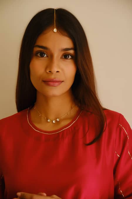 Shop_Juanita By Shubhda_Red Chanderi, Organza Embroidery, Zari Round Neck Resham Kurta Set _Online_at_Aza_Fashions