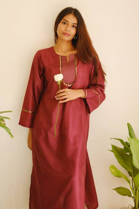Juanita By Shubhda_Wine Chanderi, Cotton Sequins, Embroidery Split And Resham Kurta & Pant Set _Online_at_Aza_Fashions