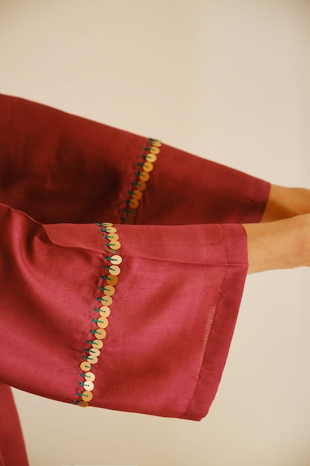 Shop_Juanita By Shubhda_Wine Chanderi, Cotton Sequins, Embroidery Split And Resham Kurta & Pant Set _Online_at_Aza_Fashions