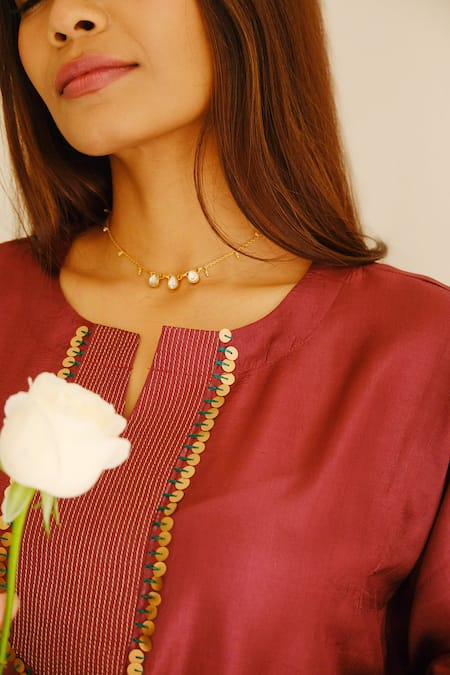 Juanita By Shubhda_Wine Chanderi, Cotton Sequins, Embroidery Split And Resham Kurta & Pant Set _at_Aza_Fashions