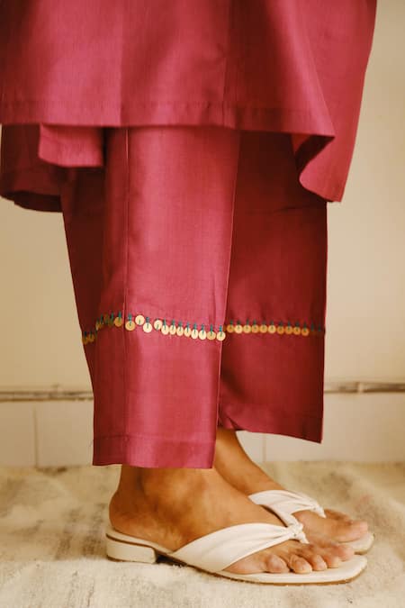 Buy_Juanita By Shubhda_Wine Chanderi, Cotton Sequins, Embroidery Split And Resham Kurta & Pant Set 