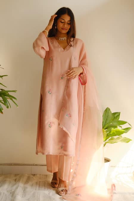 Shop_Juanita By Shubhda_Pink Chanderi, Cotton Embroidery, Zari V-neck Kurta Set 