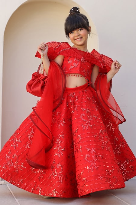 Janyas Closet_Red Silk, Net Sequins, Ruffles Work Lehenga Set _Online_at_Aza_Fashions