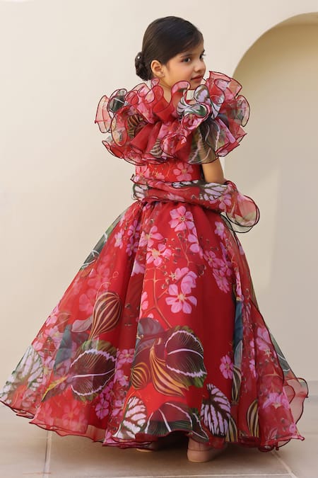 Buy_Janyas Closet_Red Organza Ruffles Floral Print Lehenga Set _Online_at_Aza_Fashions