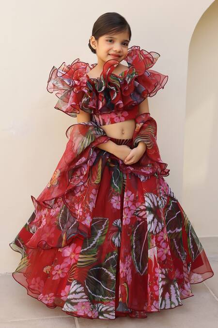 Shop_Janyas Closet_Red Organza Ruffles Floral Print Lehenga Set _Online_at_Aza_Fashions