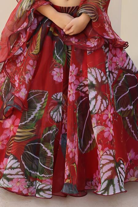 Janyas Closet_Red Organza Ruffles Floral Print Lehenga Set _at_Aza_Fashions