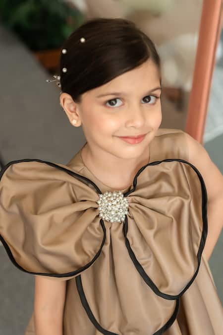 Janyas Closet_Gold Satin Pearls Luxe Flower Dress _Online_at_Aza_Fashions