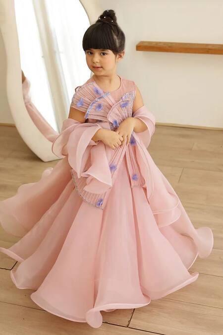 Janyas Closet_Pink Organza, Satin, Shantoon, Silk Fabric Flowers, Mauve 3d Floral Lehenga Set _Online_at_Aza_Fashions