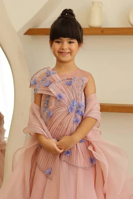 Shop_Janyas Closet_Pink Organza, Satin, Shantoon, Silk Fabric Flowers, Mauve 3d Floral Lehenga Set _Online_at_Aza_Fashions