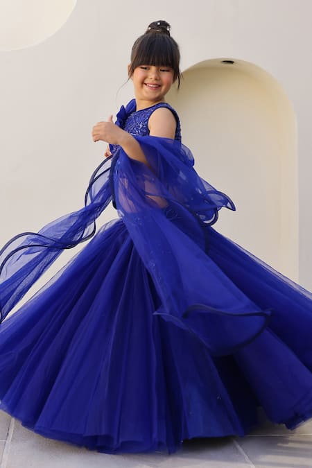 Shop Tiny Pants Blue Net, Silk Sequins, Fabric Flowers, Ruffles Pearl Embroidered Lehenga Set Online at Aza Fashions Shop_Tiny Pants_Blue Net, Silk Sequins, Fabric Flowers, Ruffles Pearl Embroidered Lehenga Set _Online_at_Aza_Fashions