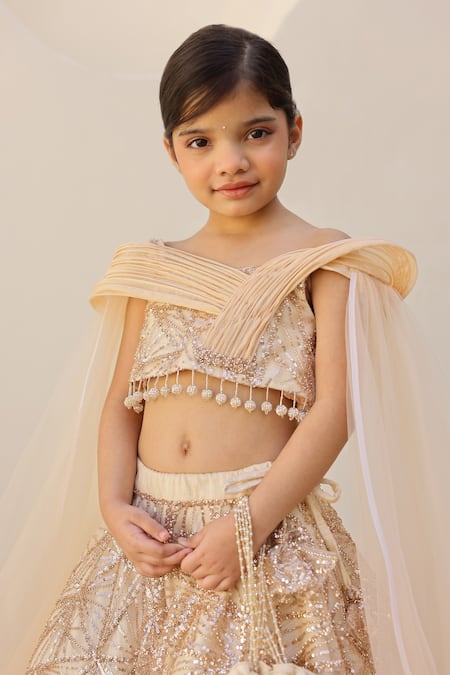 Buy_Janyas Closet_Gold Silk Sequins, Beads, Tassels Sparkle Lehenga And Blouse Set _Online_at_Aza_Fashions