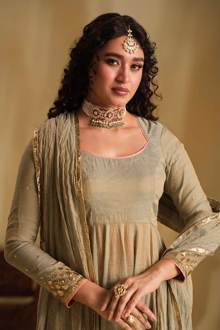 Almaari By Pooja Patel Green Silk Gota Patti, Tassels Square Neck Embroidered Anarkali Set at Aza Fashions Almaari By Pooja Patel_Green Silk Gota Patti, Tassels Square Neck Embroidered Anarkali Set _at_Aza_Fashions