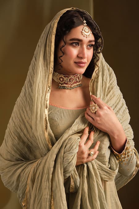 Shop Almaari By Pooja Patel Green Silk Gota Patti, Tassels Square Neck Embroidered Anarkali Set Shop_Almaari By Pooja Patel_Green Silk Gota Patti, Tassels Square Neck Embroidered Anarkali Set