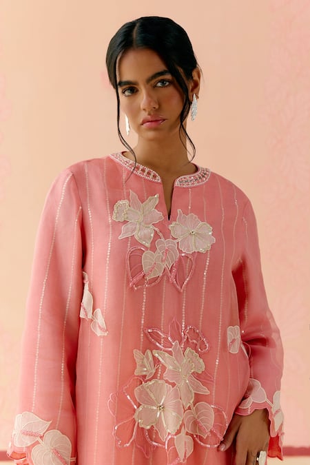 I Am Design_Pink Silk Organza Applique, Sequins Split V-neck Dahlia Layered Kurta Set _Online_at_Aza_Fashions
