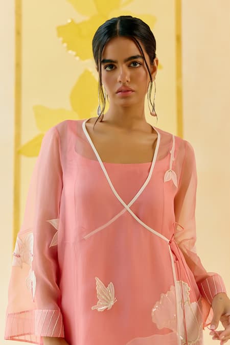 I Am Design Pink Silk Organza Applique, Sequins, Beads Cherry Blossom Angrakha Kurta Set Online at Aza Fashions I Am Design_Pink Silk Organza Applique, Sequins, Beads Cherry Blossom Angrakha Kurta Set _Online_at_Aza_Fashions