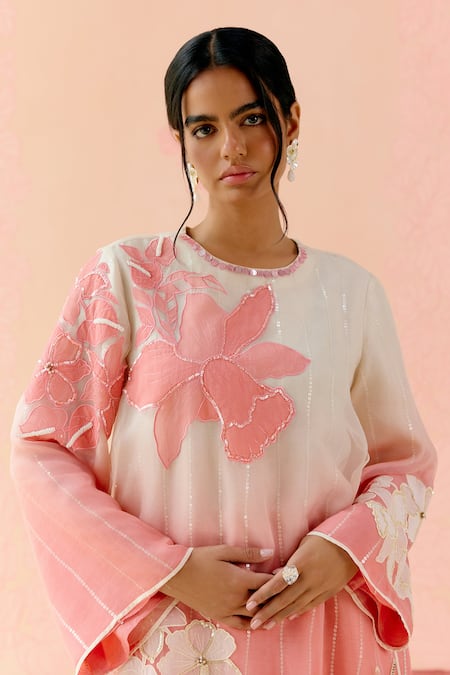 Buy_I Am Design_Pink Silk Organza Applique, Sequins, Cherry Blossom Layered Kurta Set _Online_at_Aza_Fashions