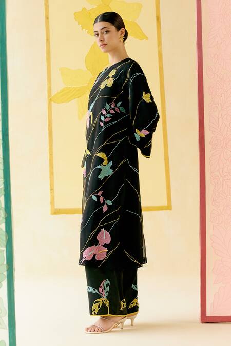 I Am Design_Black Silk Organza Applique, Embroidery, Sequins Bougainvillea Leher Kurta Set _Online_at_Aza_Fashions