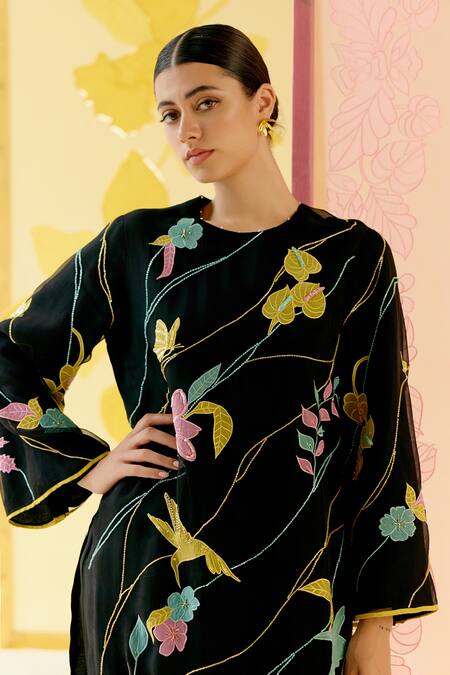 Shop_I Am Design_Black Silk Organza Applique, Embroidery, Sequins Bougainvillea Leher Kurta Set _Online_at_Aza_Fashions
