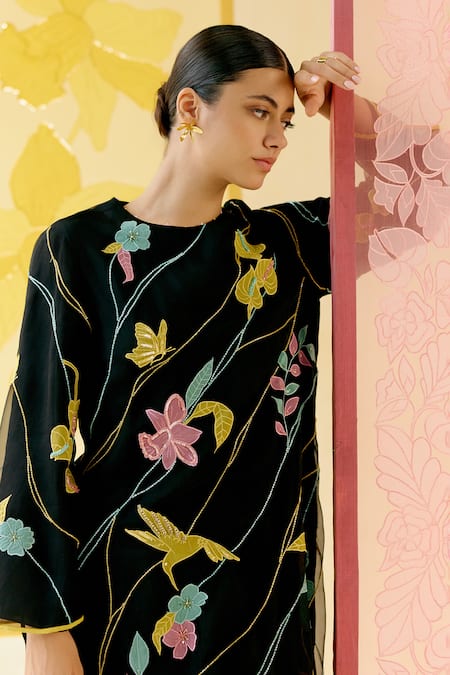 I Am Design_Black Silk Organza Applique, Embroidery, Sequins Bougainvillea Leher Kurta Set _at_Aza_Fashions