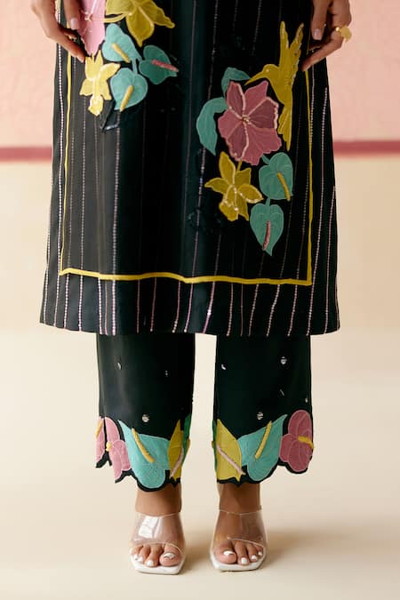 I Am Design_Black Silk Organza Applique, Sequins, Beads Round Neck Rainbow Rose Kurta Set _Online_at_Aza_Fashions