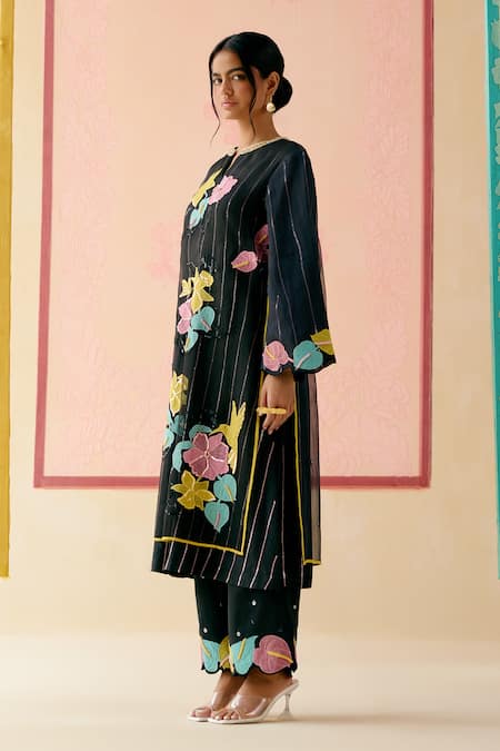 Buy_I Am Design_Black Silk Organza Applique, Sequins, Beads Round Neck Rainbow Rose Kurta Set _Online_at_Aza_Fashions