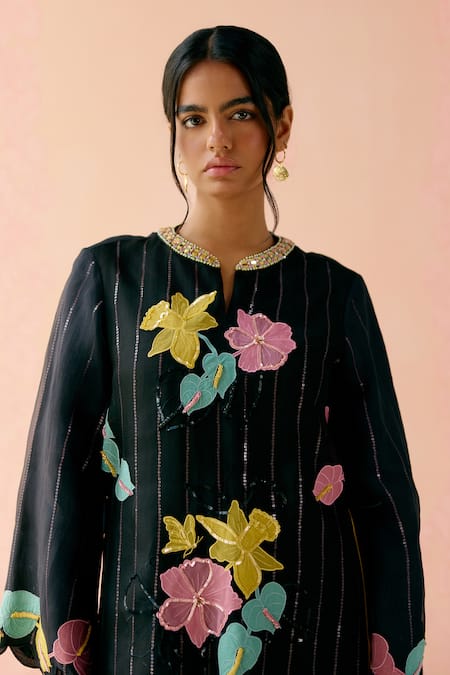 Shop_I Am Design_Black Silk Organza Applique, Sequins, Beads Round Neck Rainbow Rose Kurta Set _Online_at_Aza_Fashions