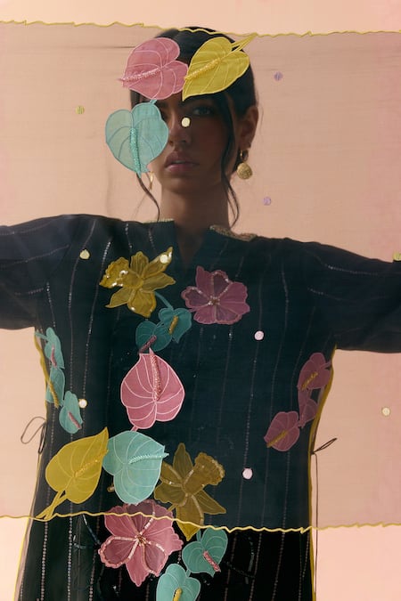I Am Design_Black Silk Organza Applique, Sequins, Beads Round Neck Rainbow Rose Kurta Set _at_Aza_Fashions