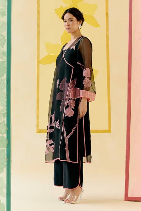 Buy_I Am Design_Black Silk Organza Applique, Embroidery, Sequins V-neck And Angrakha Kurta Set _Online_at_Aza_Fashions
