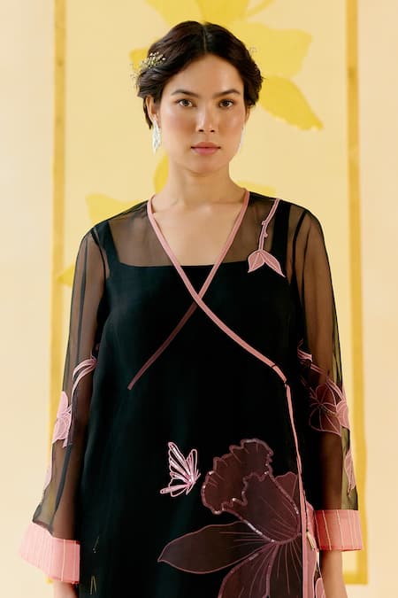 Shop_I Am Design_Black Silk Organza Applique, Embroidery, Sequins V-neck And Angrakha Kurta Set _Online_at_Aza_Fashions