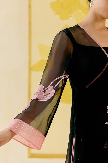 I Am Design_Black Silk Organza Applique, Embroidery, Sequins V-neck And Angrakha Kurta Set _at_Aza_Fashions