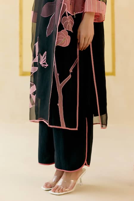 Buy_I Am Design_Black Silk Organza Applique, Embroidery, Sequins V-neck And Angrakha Kurta Set 
