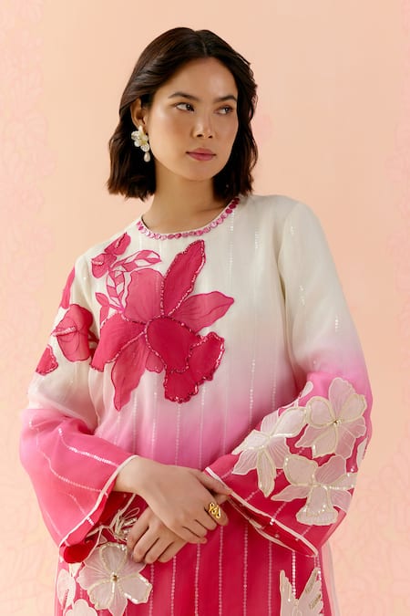I Am Design_Pink Silk Organza Applique, Embroidery, Sequins Rose Ombre Layered Kurta Set _Online_at_Aza_Fashions
