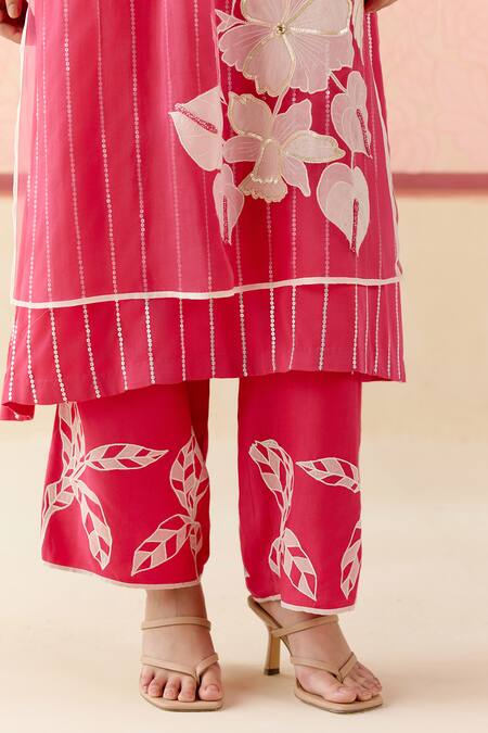 Buy_I Am Design_Pink Silk Organza Applique, Embroidery, Sequins Rose Ombre Layered Kurta Set _Online_at_Aza_Fashions