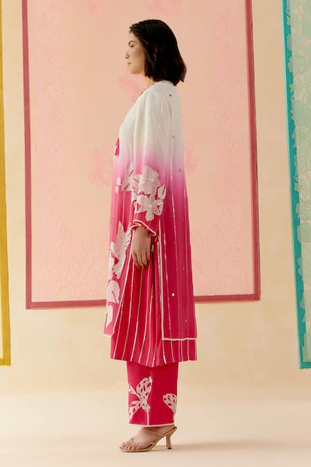 Shop_I Am Design_Pink Silk Organza Applique, Embroidery, Sequins Rose Ombre Layered Kurta Set _Online_at_Aza_Fashions