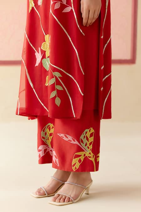 Shop_I Am Design_Red Silk Organza Applique, Embroidery, Sequins Bougainvillea Leher Kurta Set _Online_at_Aza_Fashions