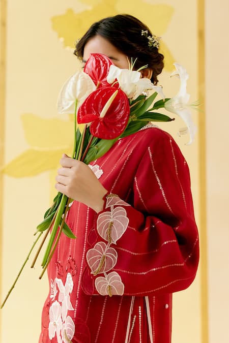 Shop_I Am Design_Red Silk Organza Applique, Sequins, Beads Round Romantic Rose Layered Kurta Set _Online_at_Aza_Fashions