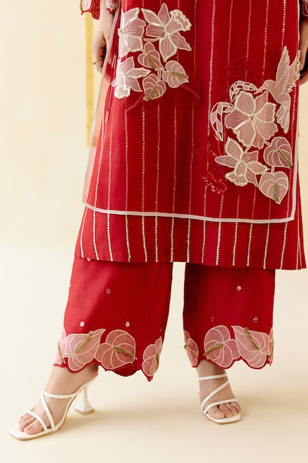 I Am Design_Red Silk Organza Applique, Sequins, Beads Round Romantic Rose Layered Kurta Set _at_Aza_Fashions