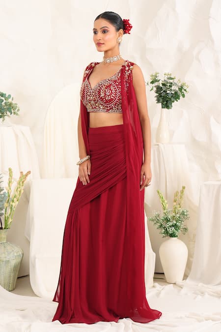 Meenagurnam_Maroon Georgette Beads, Sequins, Embroidery Sweetheart Cutdana Jacket Skirt Set _Online_at_Aza_Fashions