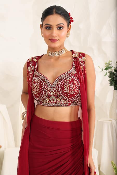 Buy_Meenagurnam_Maroon Georgette Beads, Sequins, Embroidery Sweetheart Cutdana Jacket Skirt Set _Online_at_Aza_Fashions