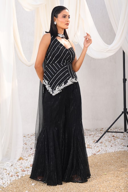 Meenagurnam_Black Lycra, Chiffon, Net Sequins, Metallic Embroidered Peplum Top Sharara Set _Online_at_Aza_Fashions