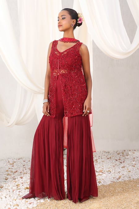 Meenagurnam_Maroon Georgette, Net Embroidery, Cutwork Hand Peplum Blouse Sharara Set _Online_at_Aza_Fashions