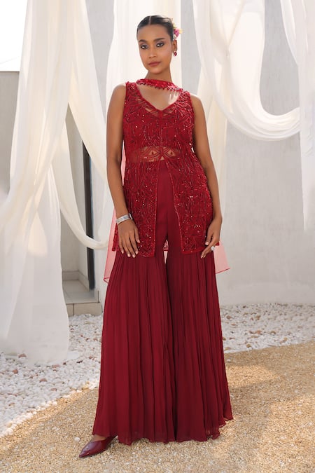 Meenagurnam Cutwork Hand Embroidered Peplum Blouse Sharara Set 