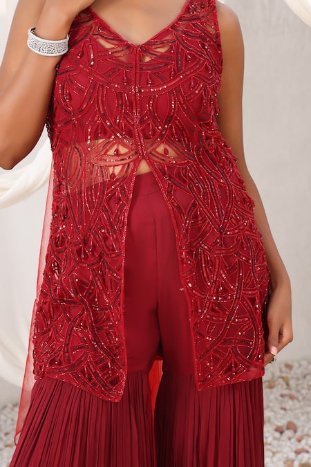 Shop_Meenagurnam_Maroon Georgette, Net Embroidery, Cutwork Hand Peplum Blouse Sharara Set _Online_at_Aza_Fashions