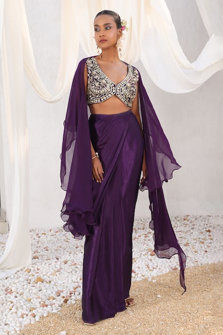 Meenagurnam_Purple Net, Organza, Satin Sequins, Embroidery V-neck, Open Jacket Skirt Set _Online_at_Aza_Fashions