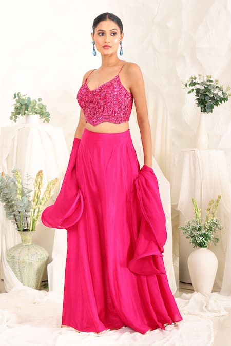 Buy_Meenagurnam_Magenta Net Sequins Sweetheart Neck, Embellished Blouse Sharara Set _Online_at_Aza_Fashions